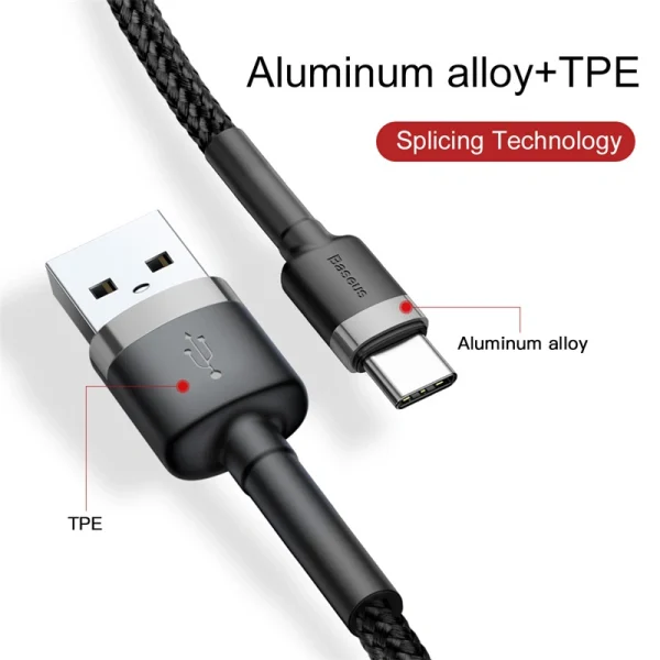 Baseus-1-Meter-Cafule-USB‑A-to-USB‑C-CableGray-Black-Model-CATKLF‑BG1-BC-9 Baseus 1Meter Cafule USB For Type-C 3A Gray+Black Cable – CATKLF-BG1