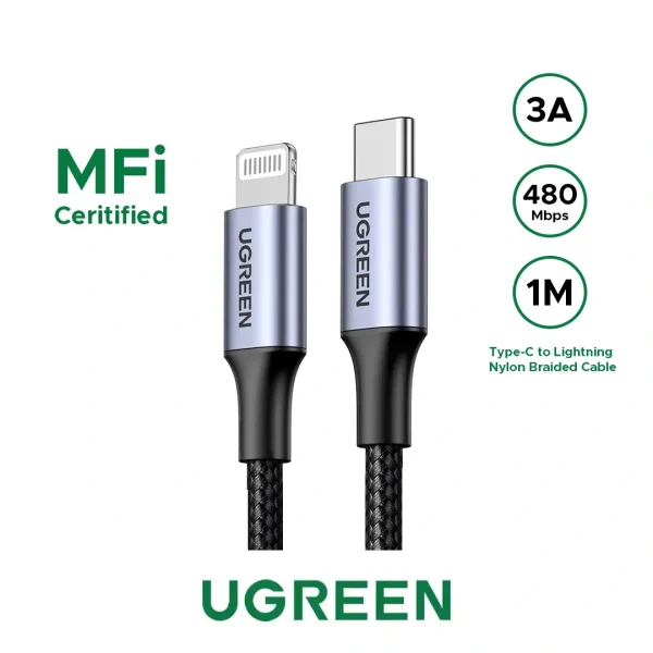 UGREEN-1-Meter-MFI-Certified-Type-C-to-Lightning-Aluminum-Shell-Br UGREEN 1 Meter MFI Certified Type-C to Lightning Aluminum Shell Braided Cable – US304 – 60759