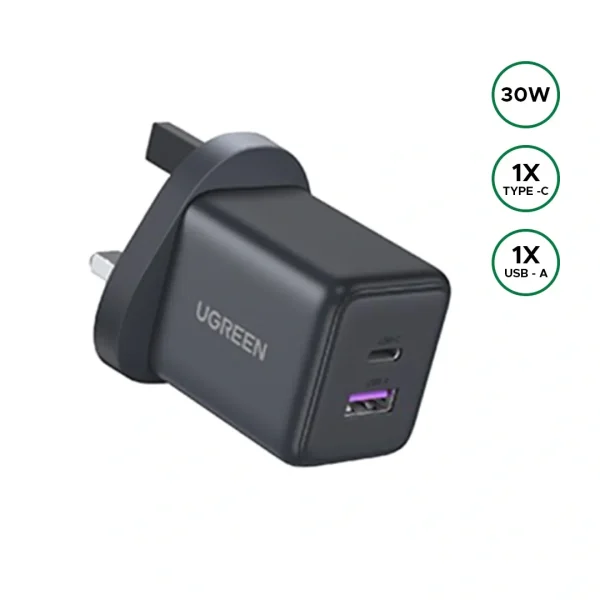 UGREEN 30W 2-Port GaN Fast Charger (UK Plug, Space Gray) – X516-65036